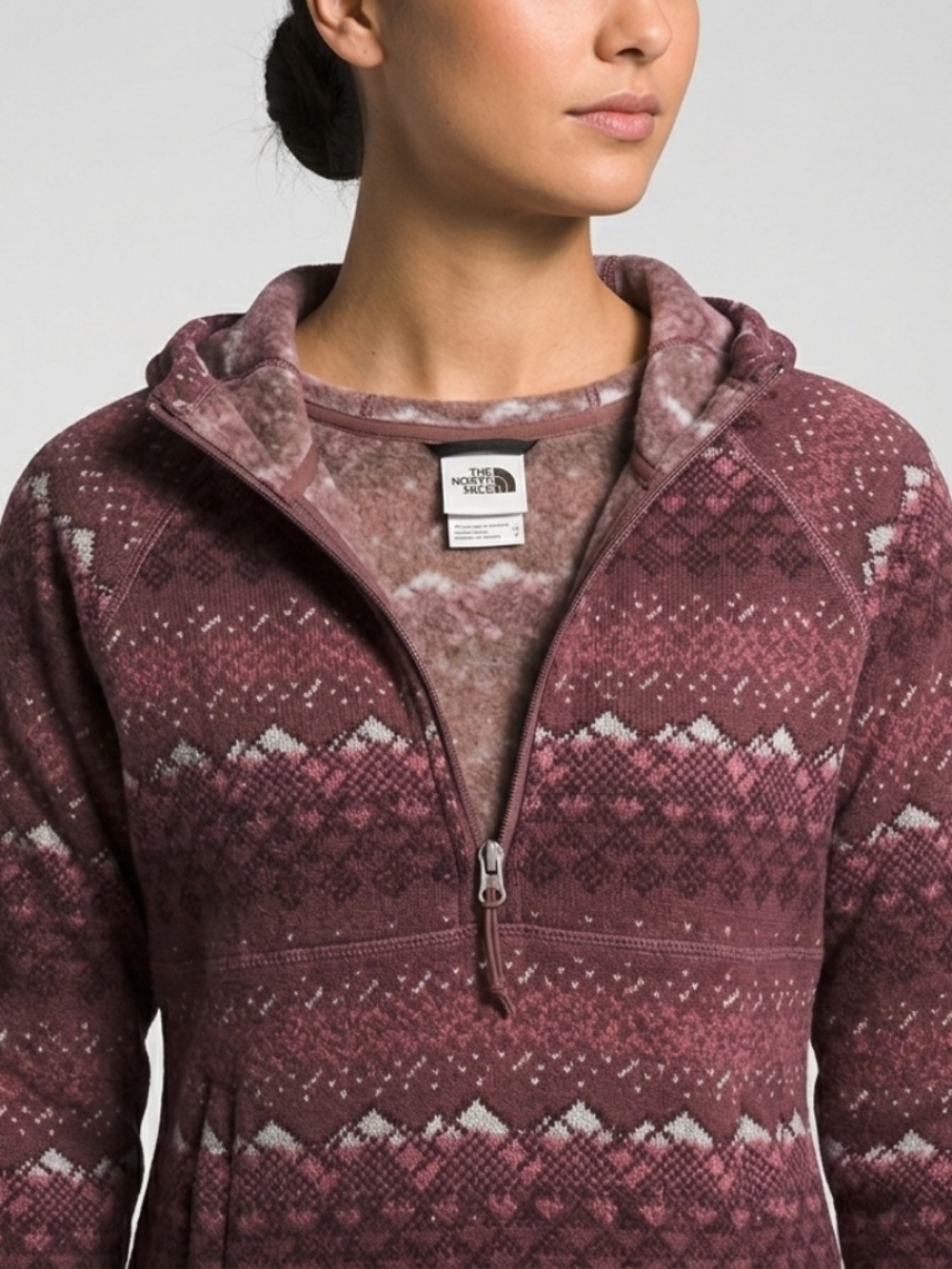 TNF Women's Small Fleece Hoodie Burgundy Pink Geo Tribal Pullover Pockets NWOT